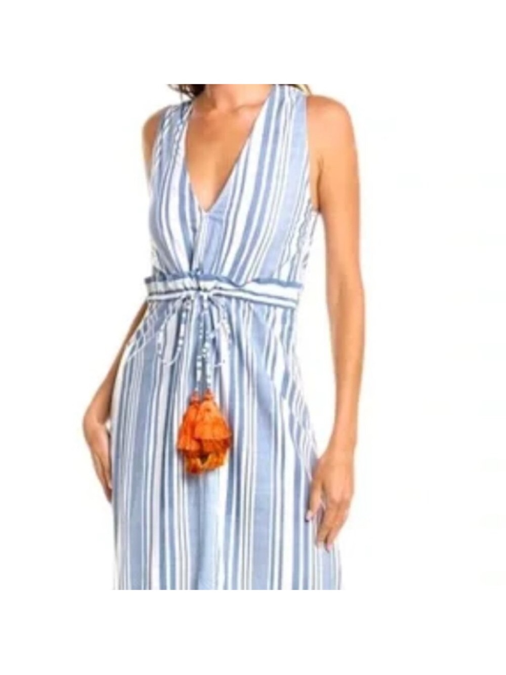 Bindu Tatiana Sleeveless Blue and White Stripe V-Neck Midi with Tassel Tie